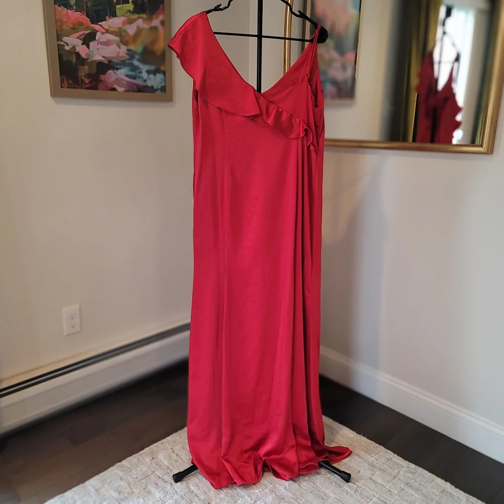 NWT DONNA KARAN Satin Sleeveless Asymmetric Ruffle Red V Neck Size 14 - Picture 6 of 11